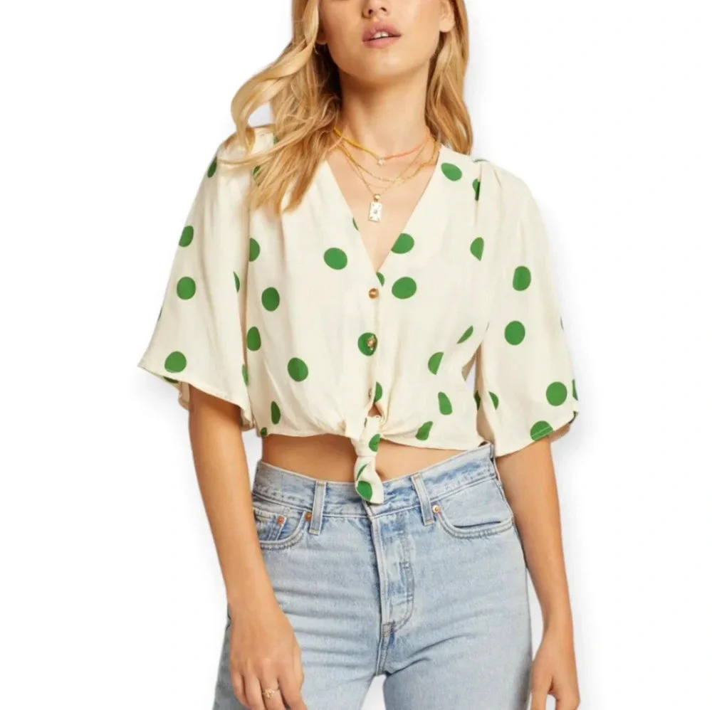 Faithfull The Brand Boulevards Cropped Tie Waist Button Blouse Polka Dots Medium